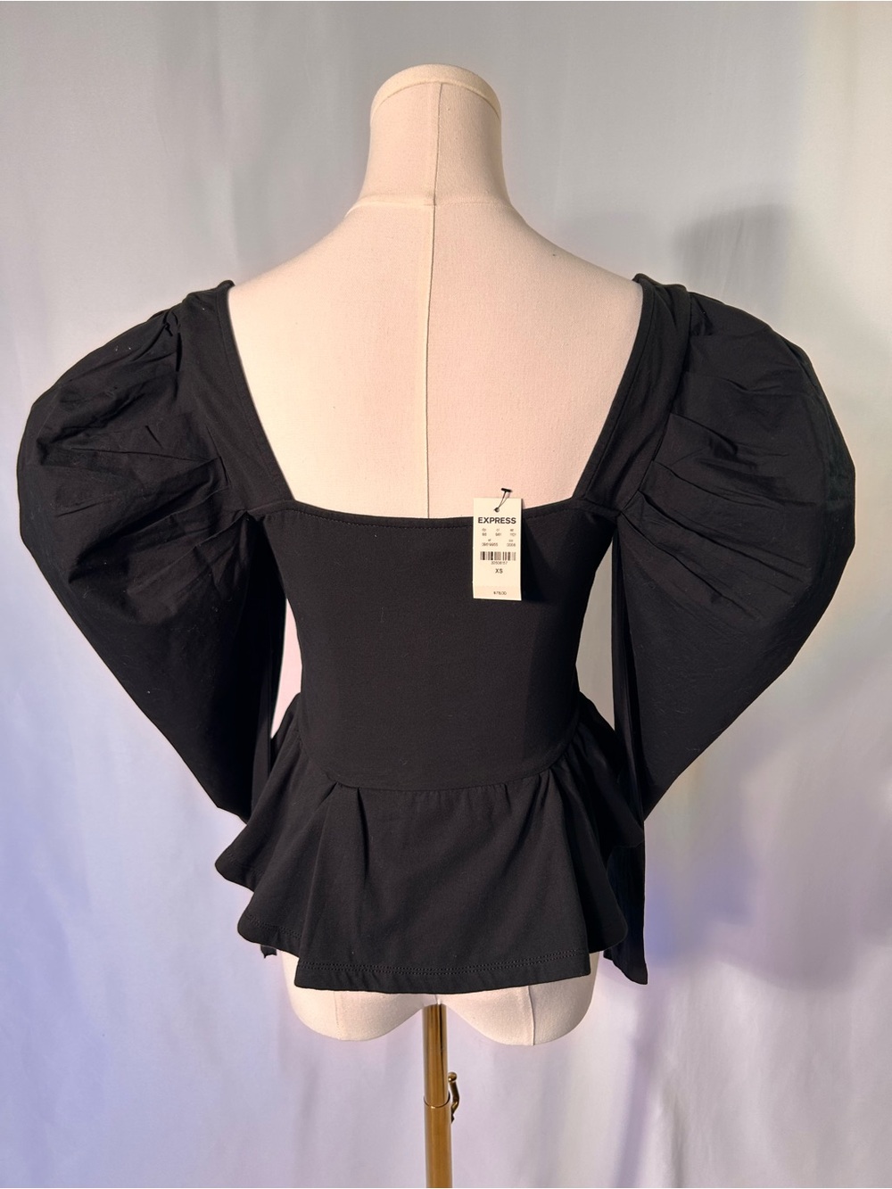 Express Black Puff Long Sleeve Peplum Top NWT Size XS Sweetheart Neck Whimsygoth - Picture 2 of 9